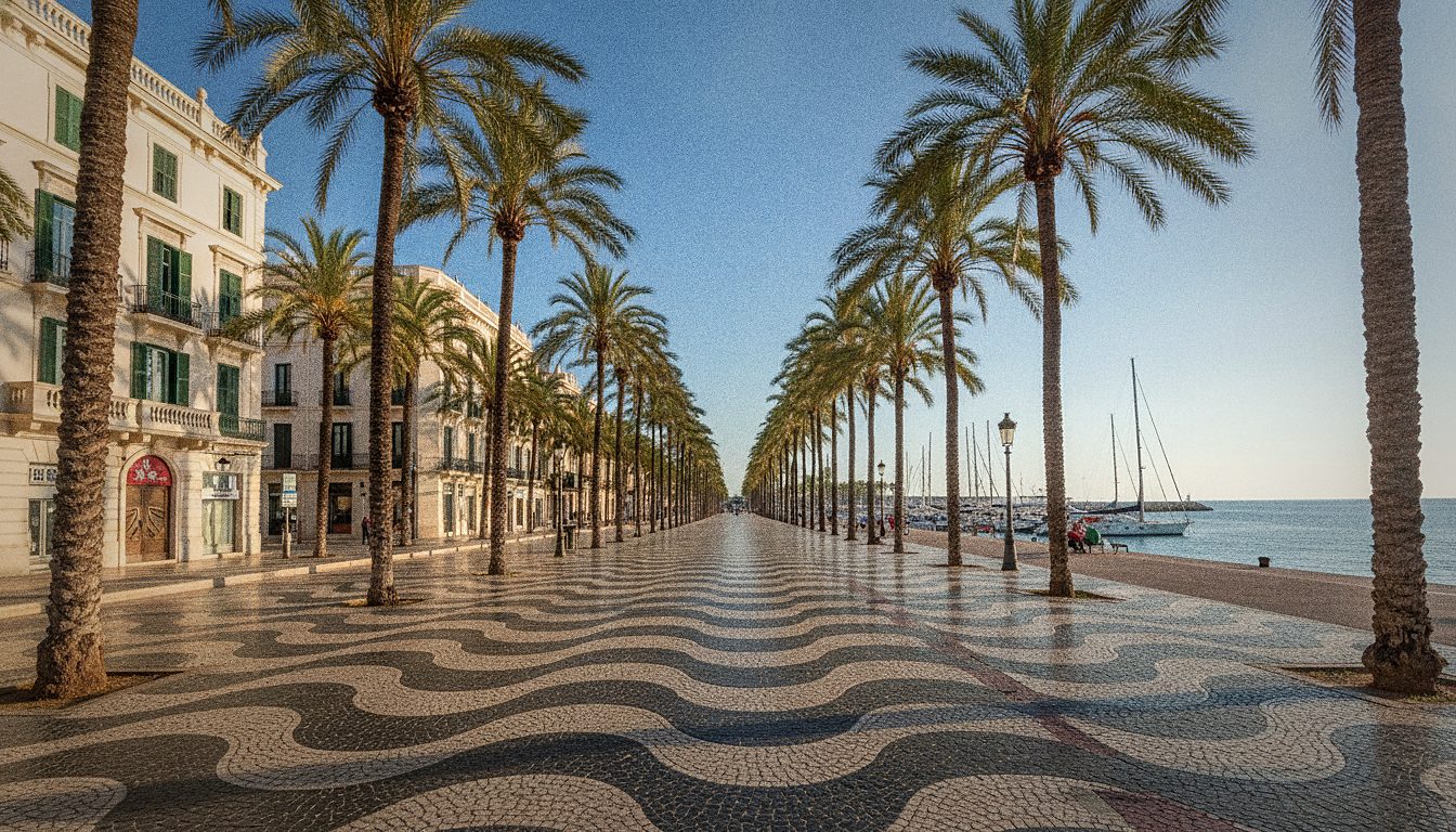 Palm-lined Explanada de España promenade with its wave-pattern mosaic pavement in Alicante city centre