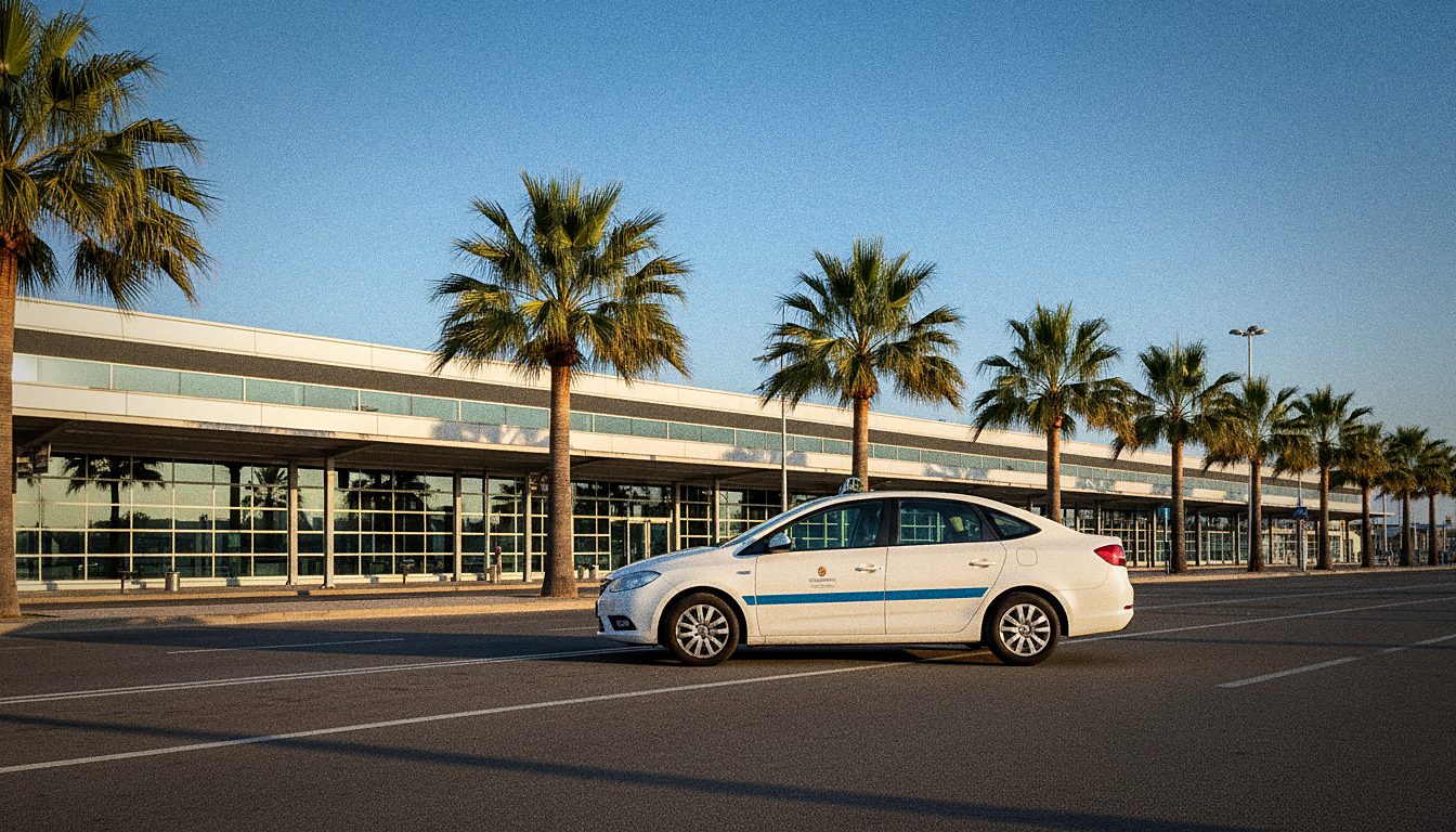 Taxi blanco esperando en la parada del aeropuerto de Alicante con palmeras al fondo