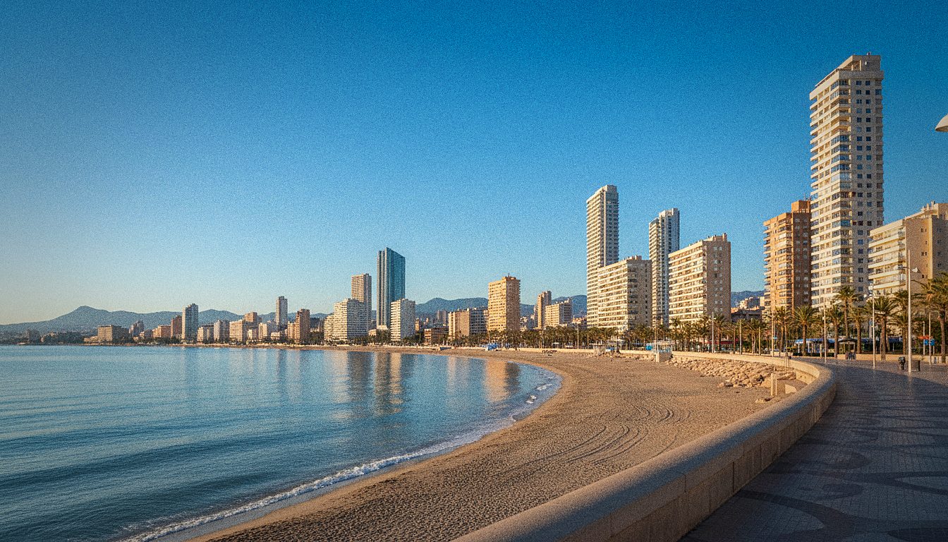 Benidorm's high-rise skyline and Levante beach seen from the seafront promenade