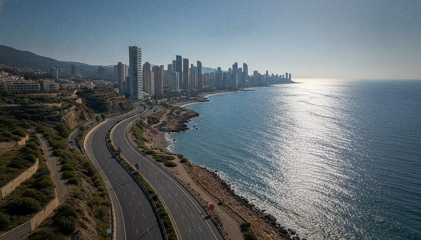 The AP-7 motorway heading north from Alicante towards the Benidorm skyline