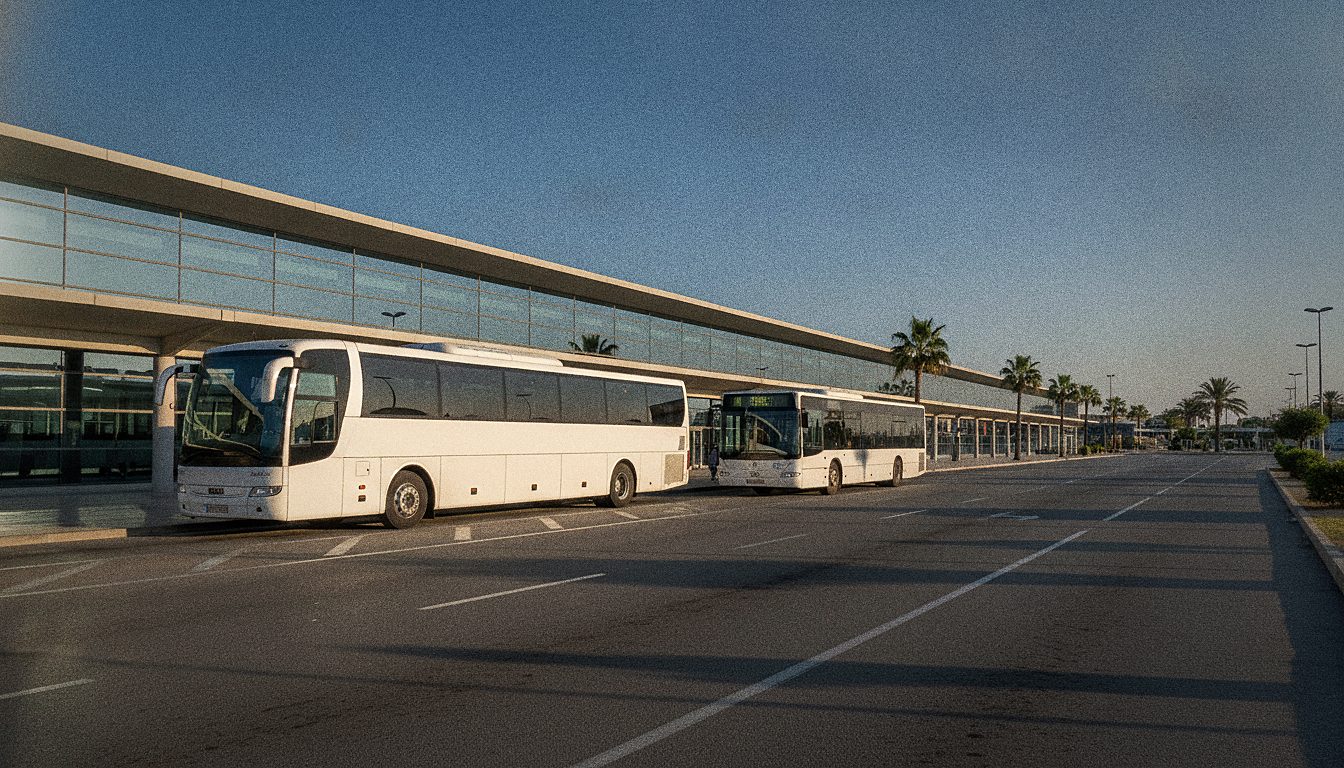 ALSA coach and C-6 city bus stop outside the arrivals hall at Alicante-Elche airport