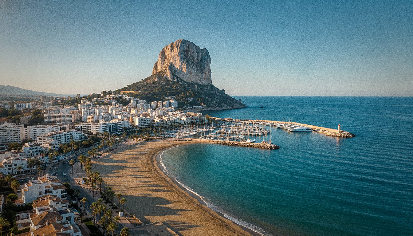 The Peñón de Ifach rock rising above Calpe's old town, marina and beaches on the Costa Blanca