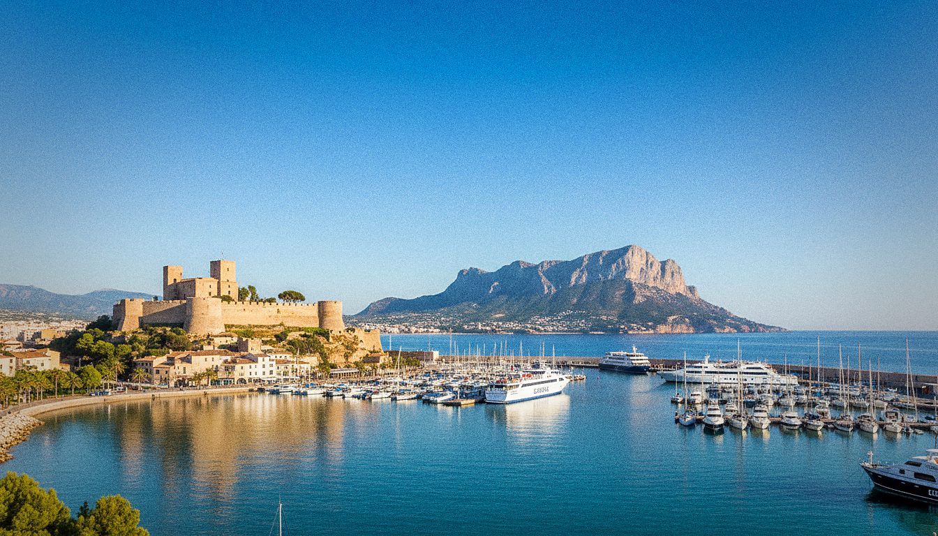 Denia castle and marina with the Montgo mountain and Balearia ferries in the background
