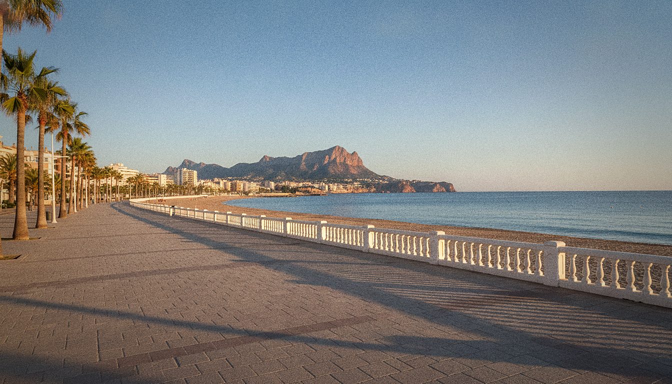 The Arenal beach promenade in Javea (Xàbia) with the Montgó mountain rising behind the bay