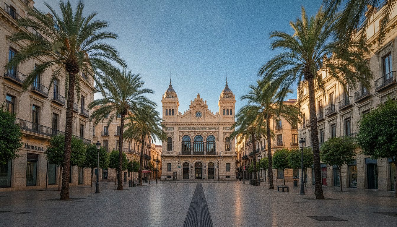 Murcia's Real Casino building and palm-lined Gran Vía in the historic city centre