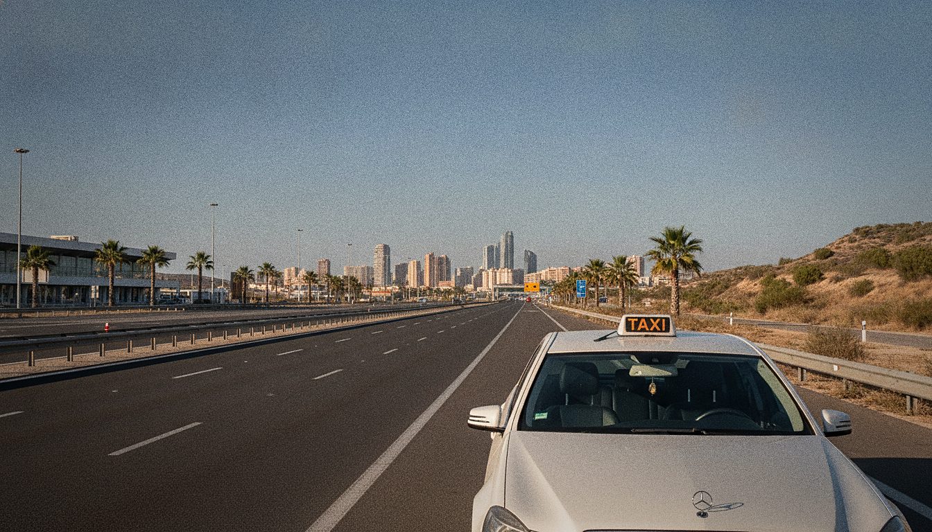 Taxi en la parada del aeropuerto de Alicante con dirección a Benidorm por la autopista AP-7