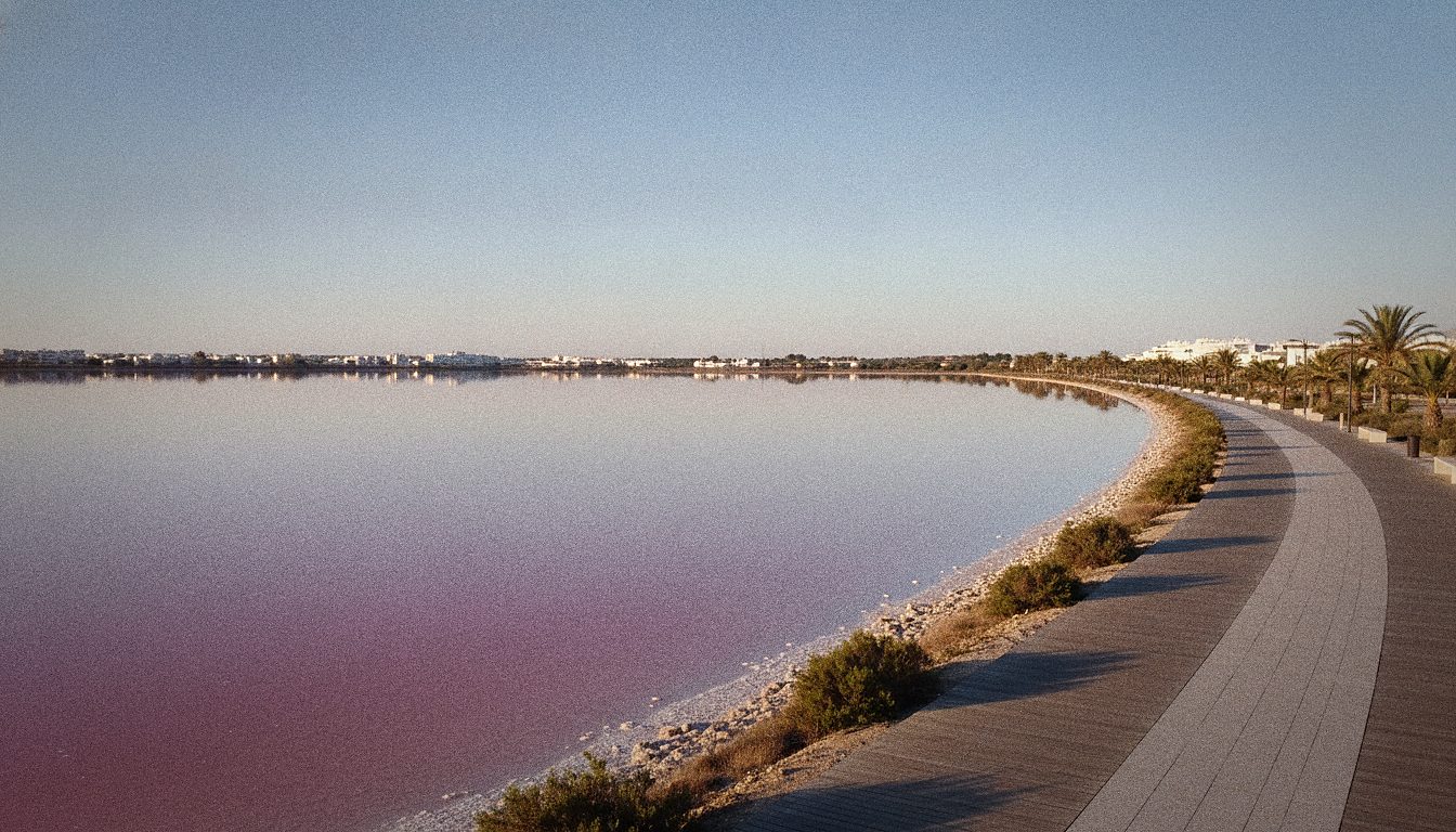 Pink-tinged salt lake and promenade at Torrevieja on Spain's Costa Blanca
