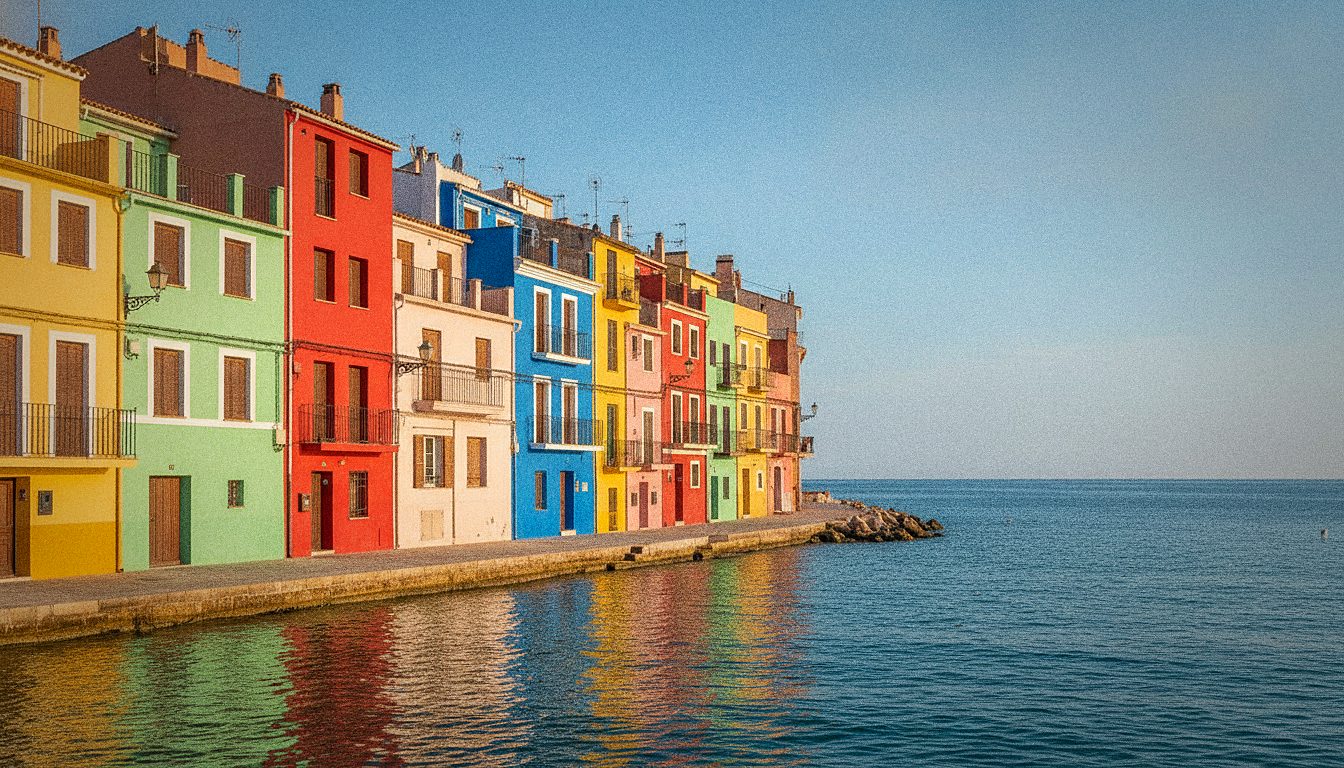 Row of brightly painted fishermen's houses on the seafront of Villajoyosa, La Vila Joiosa, Costa Blanca